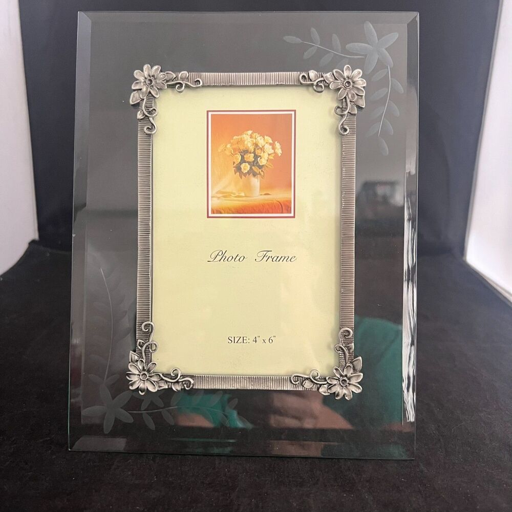 Pewter Flowers on Etched Beveled Glass Frame 4 in. x 6 in.